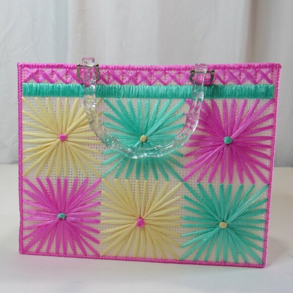 Raffia Ribbon Plastic Canvas Tote Bag With Handles Spring/Summer Floral Design - Picture 4 of 10